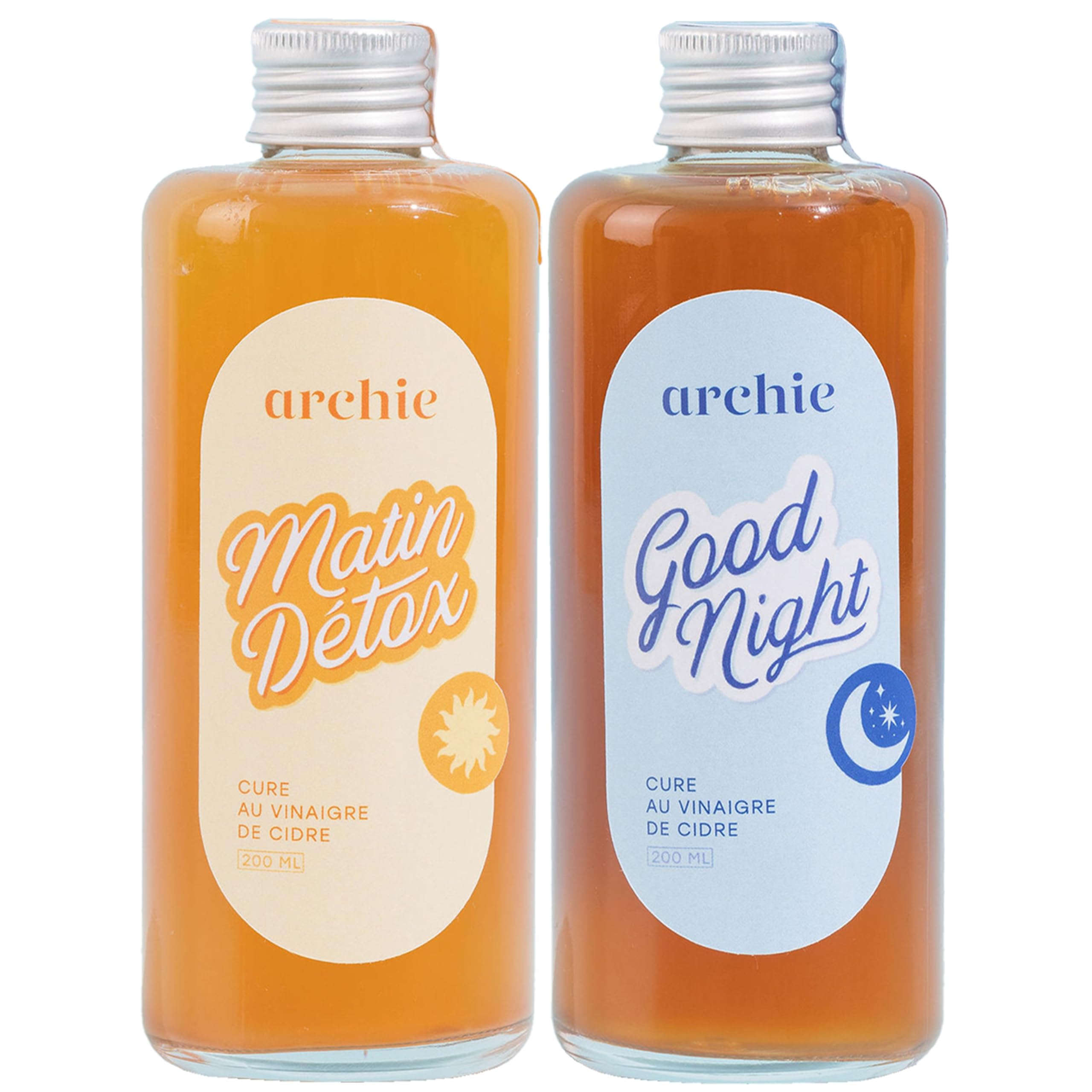 Archie, Pack Cures Matin et Nuit, Vinaigre de cidre - Détox, Sommeil, Glycémie, Digestion, Ballonnements, Stress. Made in France. 2 cures.