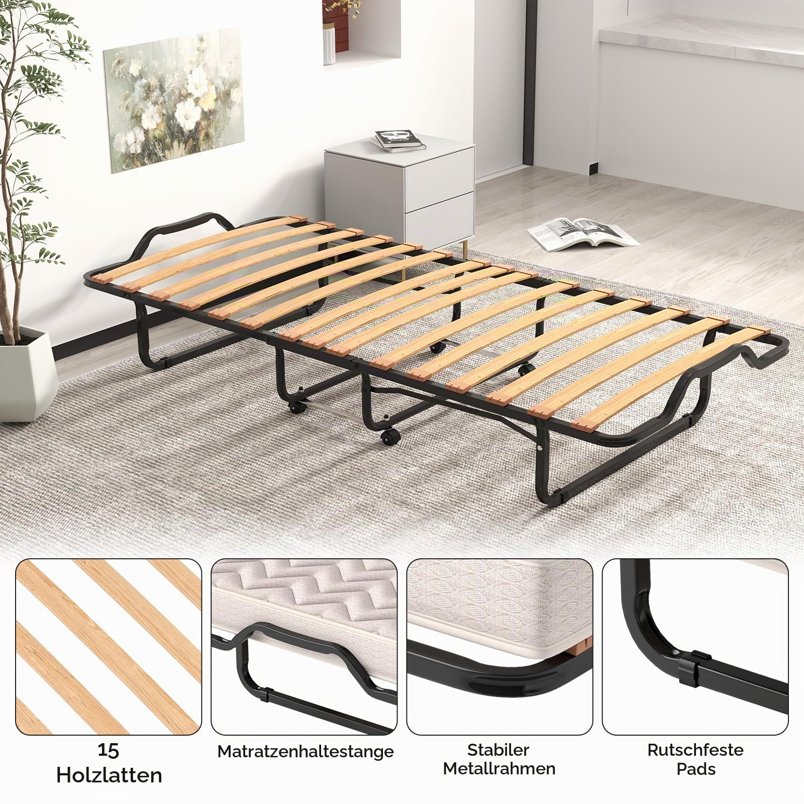 GIANTEX Klappbett 80x200 cm, Gästebett klappbar mit 4 Rollen, Reisebett Erwachsene, Klappbares Bett mit Matratze Memory-Foam, Einzelbett mit Lattenrosten, Faltbett Metallbett bis 120 kg belastbar