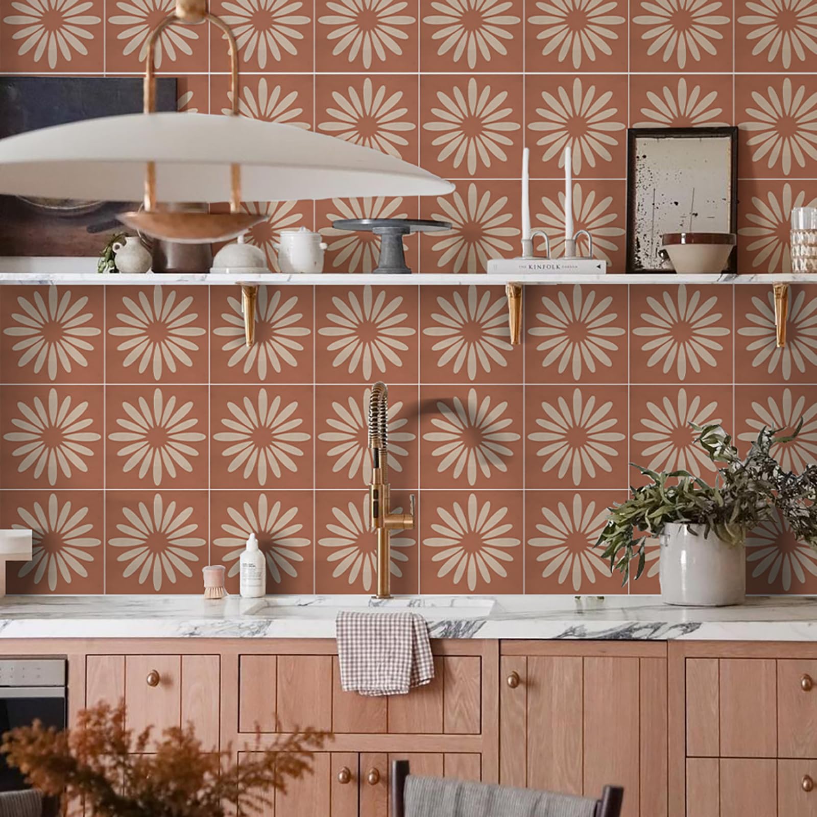Adhesivos para Azulejos, Color Rojo ladrillo y Beige, para Cocina. Adhesivos autoadhesivos para Suelo, baño, Pared, duraderos, Impermeables, Resistentes al Aceite, escaleras, remov