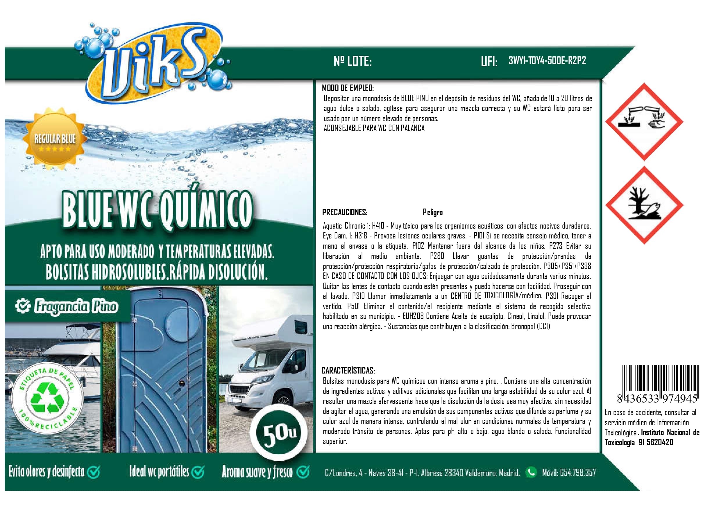 Viks | Pastillas azules para WC | 50 ud UltraPotentes | Eliminación Deshechos Orgánicos y Papel | Desodorizante para Caravanas, Baños portatiles, Potty | Fragancia Bosque