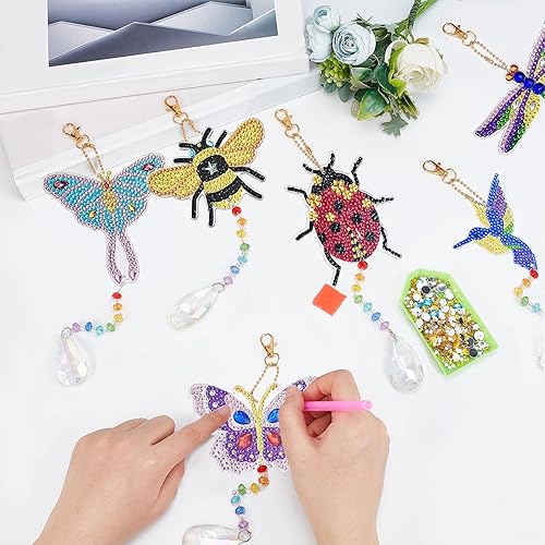Miniatura 5 de ORIGACH 6 piezas de pintura de diamante de insectos, campanilla de viento de doble cara pintura de diamante colgante adorno 5D libélula abeja