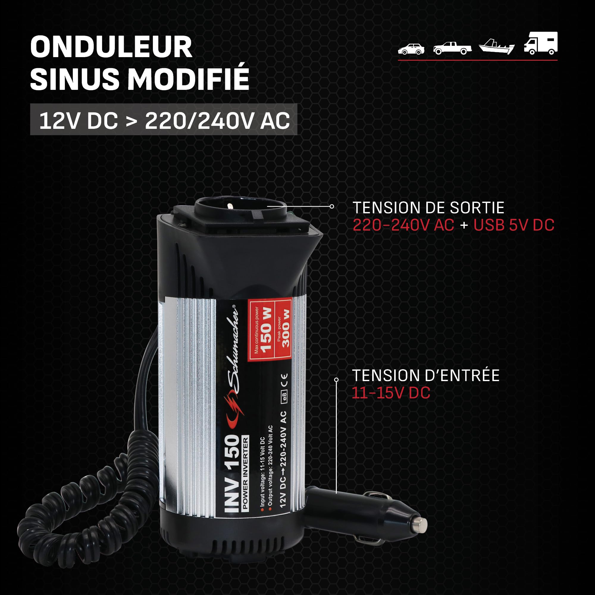 Schumacher Electric INV150 - Convertisseur 300W, 12V à 220V/240V - Onduleur pour Voiture - Prise Allume-Cigare avec Adaptateur de Chargeur Rapide et USB - Chargez Smartphone, Tablette, Ordinateur