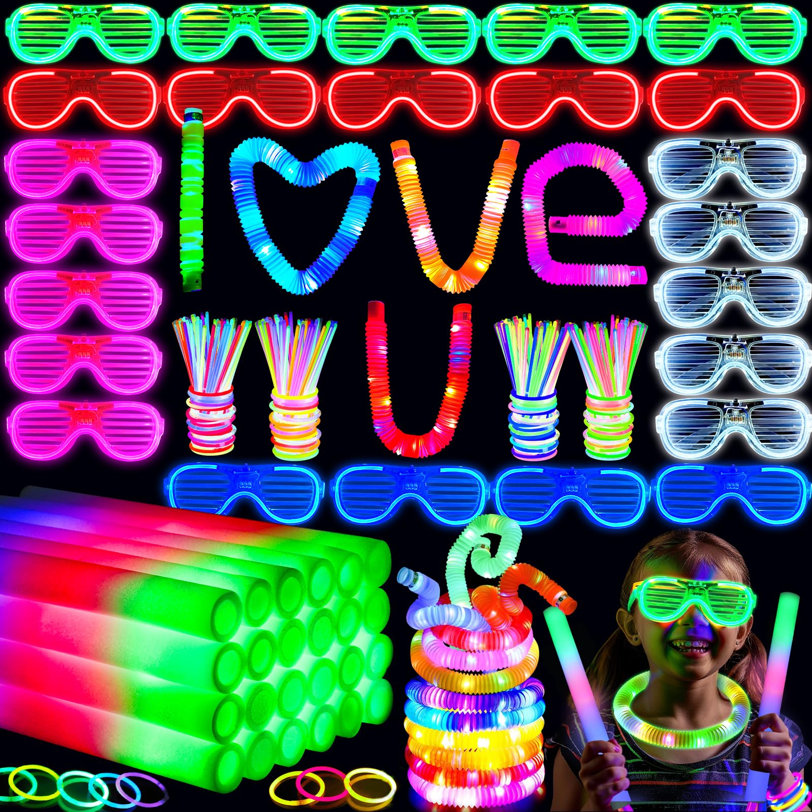258 PCS Glow in the Dark Party Supplies, 24 PCS Foam Glow Sticks, 24 PCS LED Glasses, 10 PCS Light up Pop Tubes, 200 PCS Glow Sticks, Halloween Party Favors, Glow Party Light Up Party, Hora Loca Party