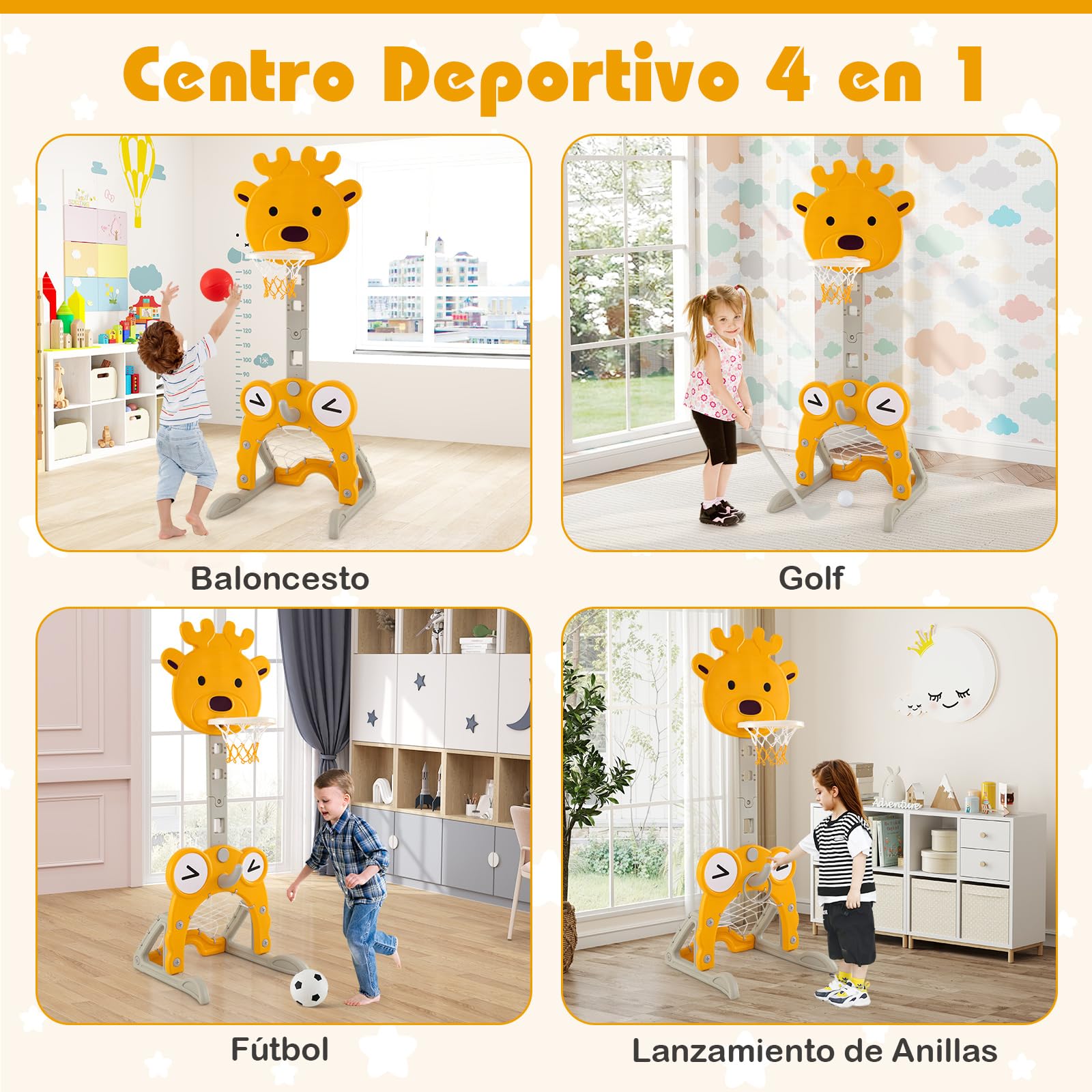 COSTWAY Canasta de Baloncesto para Niños, 4 en 1 Centro de Actividades para Interiores y Exteriores con Aro, Portería de Fútbol, Juego de Anillas, Golf, 4 Altura Ajustable y Base Rellenable (Ciervo)