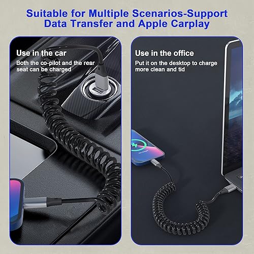 Miniatura 6 de Cable Lightning en espiral compatible con Apple Carplay [certificado Apple MFi], cable corto USB a Lightning Apple Carplay con sincronización de