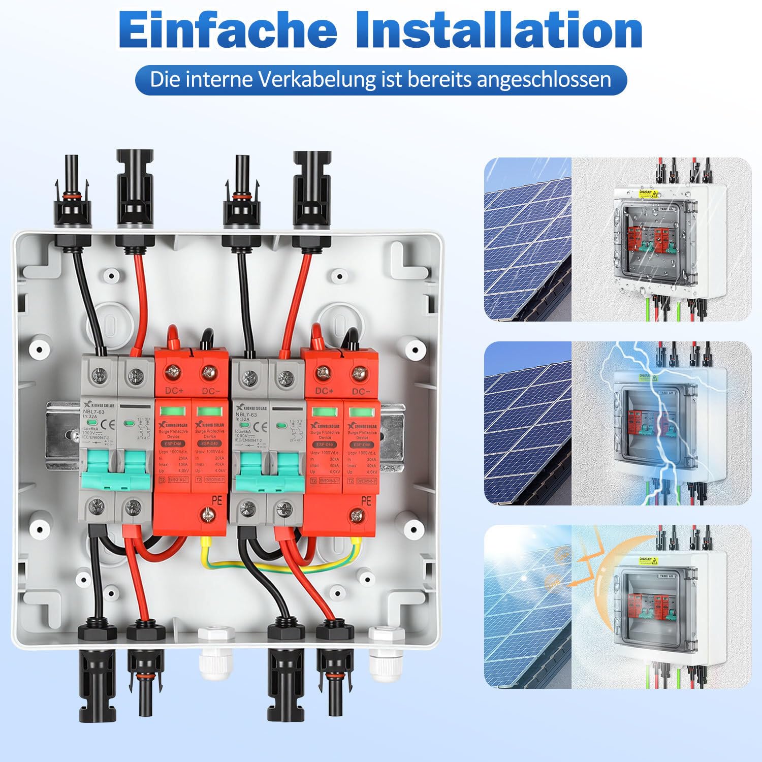 Photovoltaik Überspannungsschutz pv 2-String Kombigerät, 1000V 32A DC, IP65 wasserdicht, mit DC-Leitungsschutzschalter und Blitzschutz für PV-Anlage