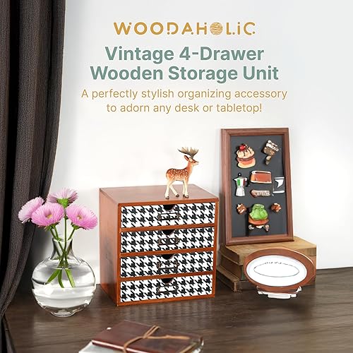 Miniatura 3 de Organizador de escritorio de madera con patrón de pata de gallo, almacenamiento de escritorio de 4 cajones, gabinete de madera moderno y rústico