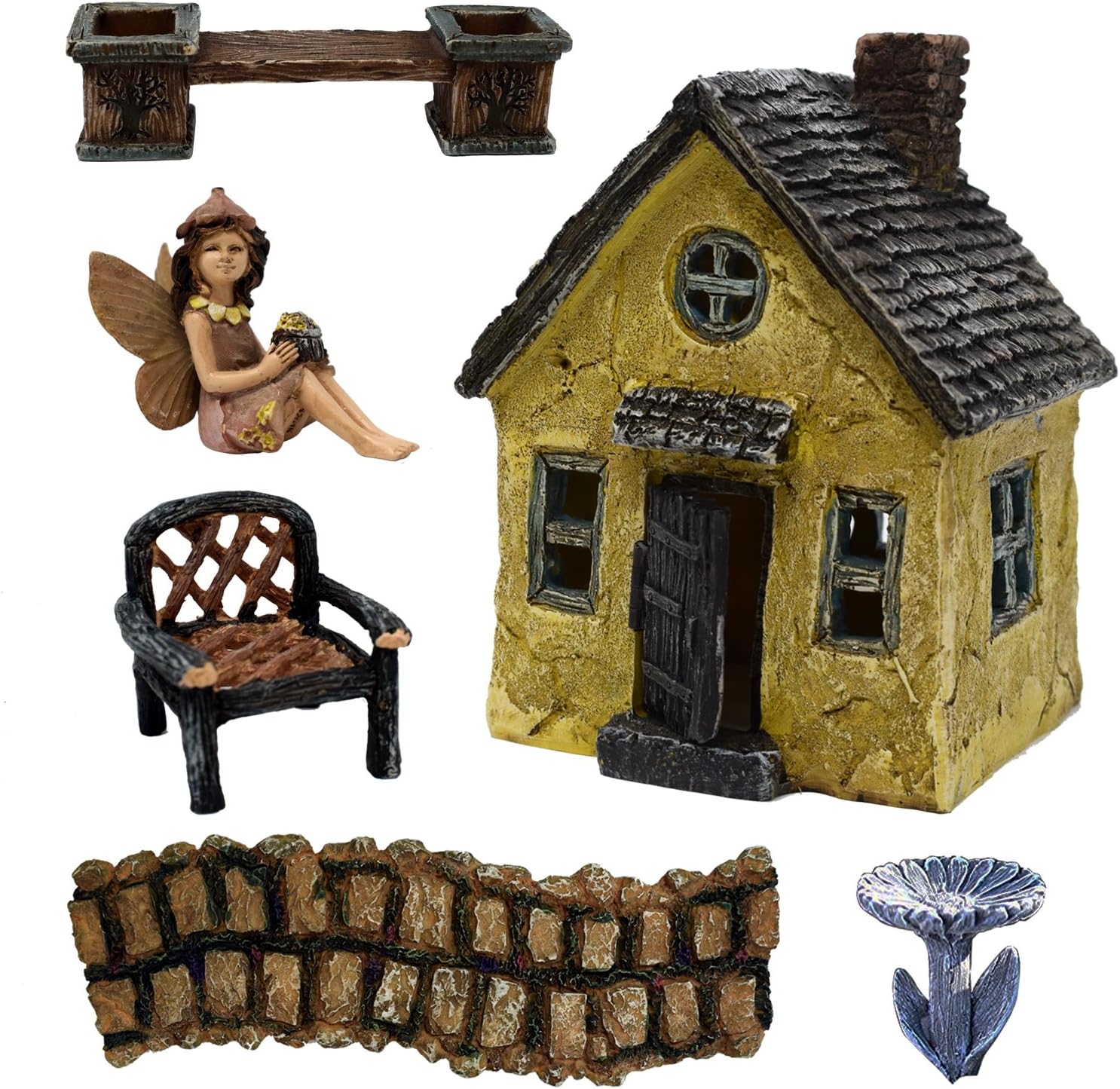 6 Piece Fairy Garden Village Accessories Set Kit Miniature Cottage House With Door, Girl Statue Figurine, Chair, Stone Walkway, Bench With Planter, Birdbath Pick For Terrarium Lawn Patio Outdoor Décor