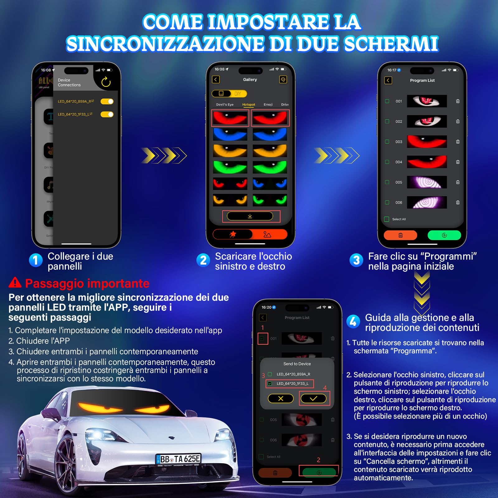 2 Pz Occhi LED per Camion, Luci Devil Eyes per Auto, Schermo LED Flessibile e Programmabile, Pannello Pubblicitario per Auto, Camion, Negozio, Design DIY Dinamico