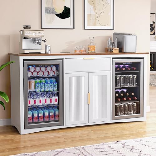 GDLF 70.1" Coffee Bar Cabinet with Fridge Space, Fluted Sideboard,White | 2 Fridge Spaces, Power Outlet,, Drawer & Cabinet Storage, Two-Tone Design, Warm Brown Wood Top, Living Room & Basement