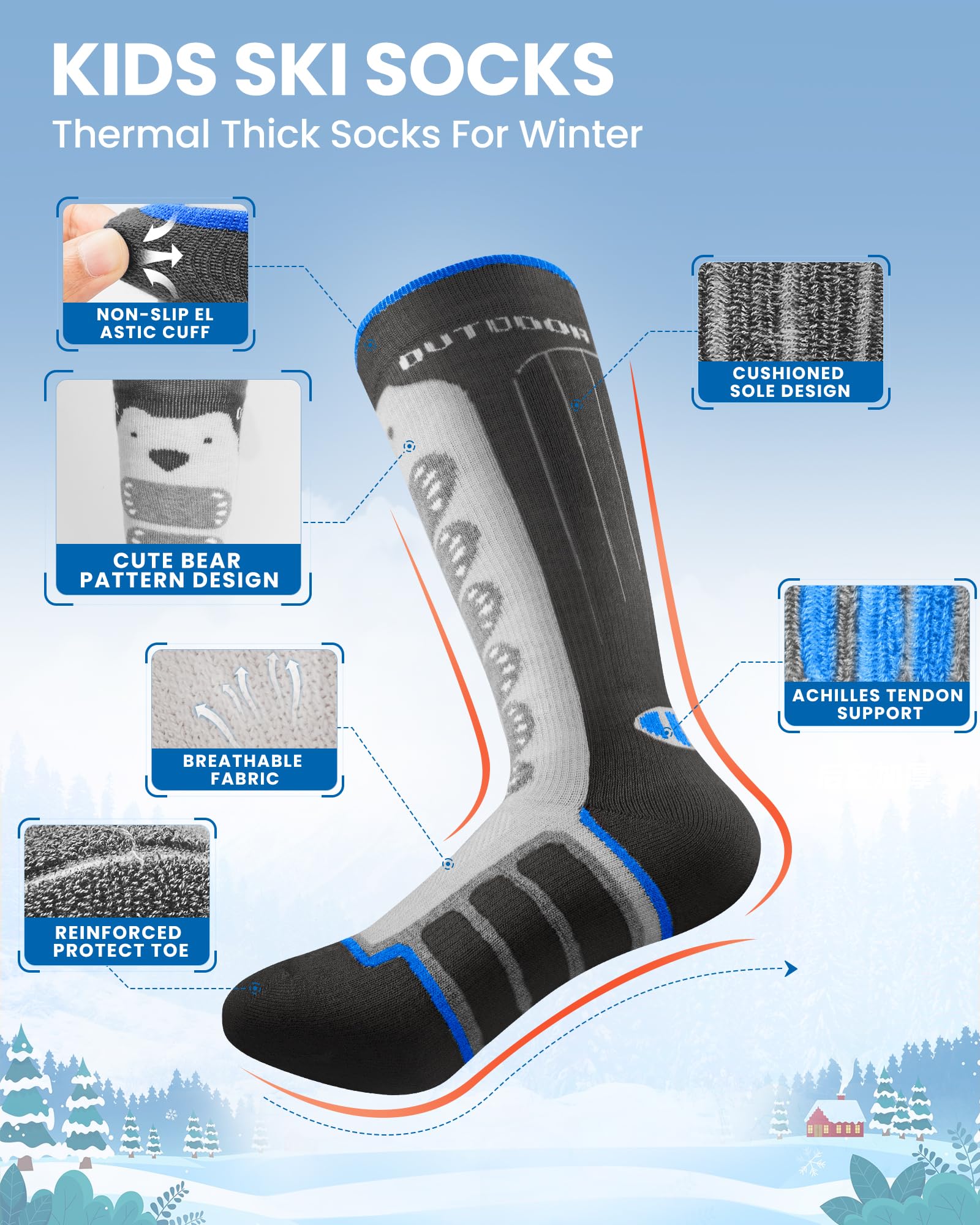 OutdoorMaster Calcetines de esquí para niños, paquete de 2 calcetines térmicos de compresión de invierno de lana merino, puños antideslizantes sobre la pantorrilla