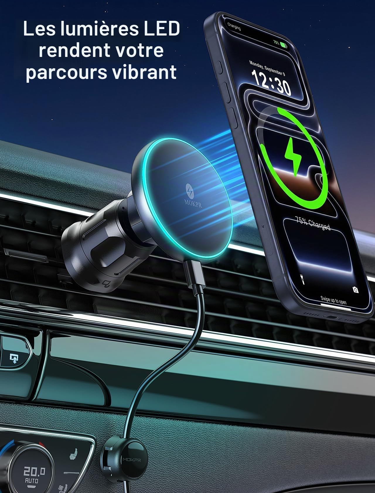 MOKPR 15w Support Telephone Voiture pour Magsafe Induction Ensemble, Chargeur Induction Voiture Fixation Tableau de Bord et Grille d'aération pour iPhone 17/16/15/14/13/12 Séries(Noir)