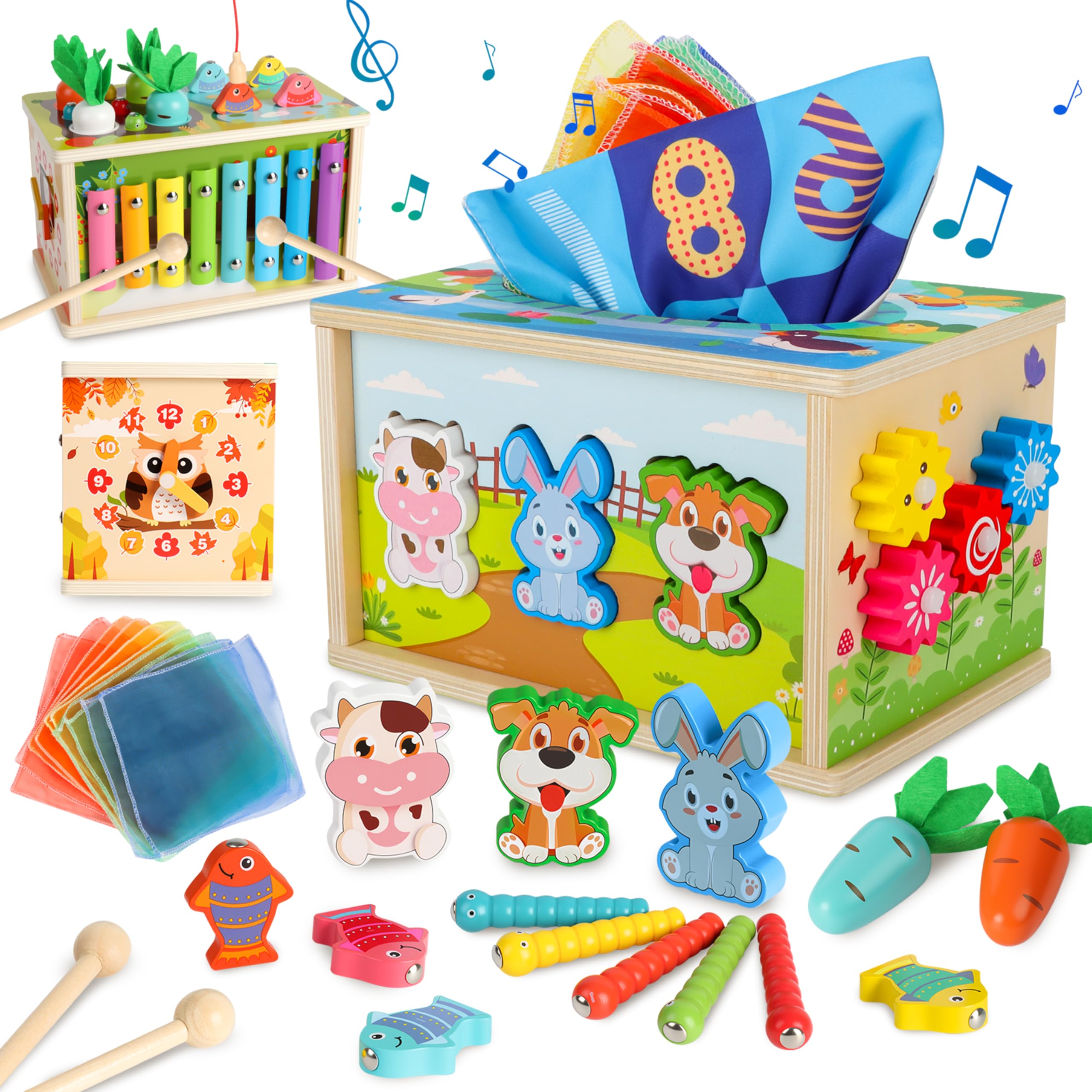Charmofun Jouet Bébé Montessori 1 an, Jouet Boîte à Mouchoirs Bébé, Xylophone, Jeu Pêche, Tri de Formes, STEM Educatif Cadeau pour Enfants Filles et Garçons
