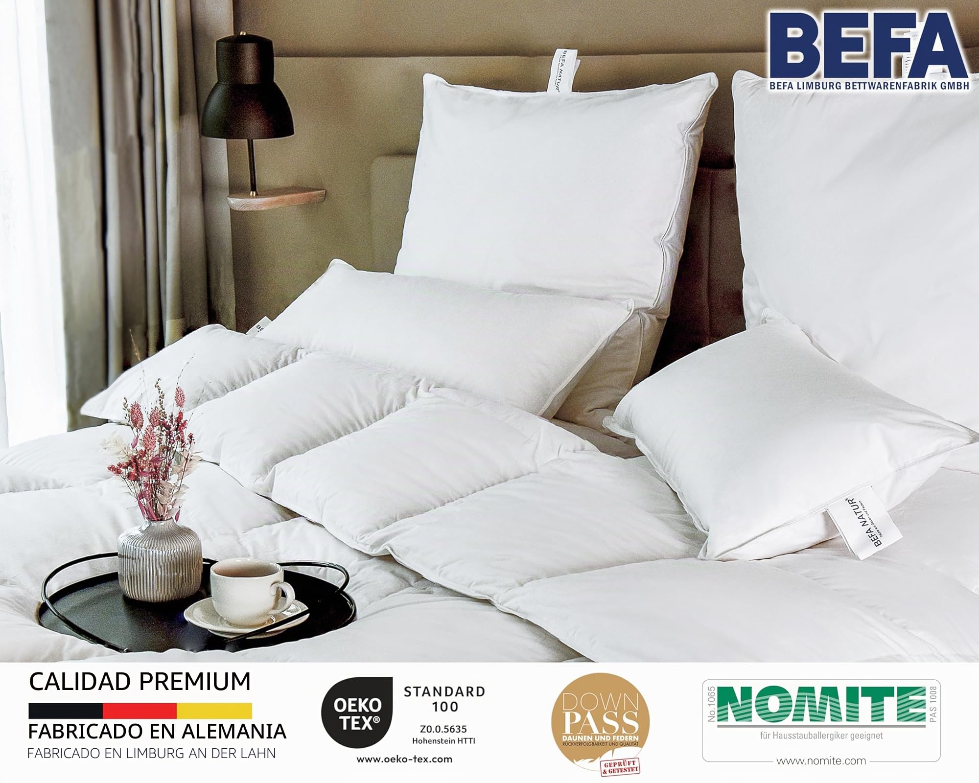 BEFA NATUR Almohada de Plumas 80x80 cm – Algodón – Fabricado en Alemania | 1125g peso de relleno • Funda de algodón transpirable • NOMITE • DOWNPASS • lavable 60 °C • OEKO-TEX • Fabricado en Alemania