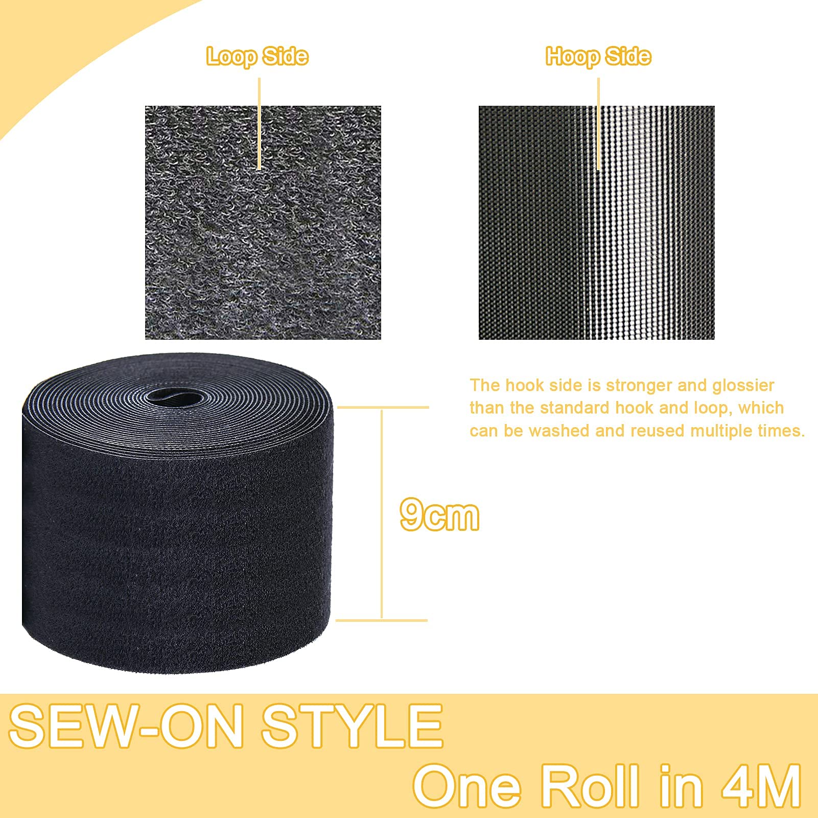 TEUVO 9CM x 4M Cinta de Gancho y Bucle Bridas, Doble Cara Cables Para Atando Cable, Bridas Reutilizables para Cable La administración, Artesanía de bricolaje, Alrededor de Inicio y Oficina Negro