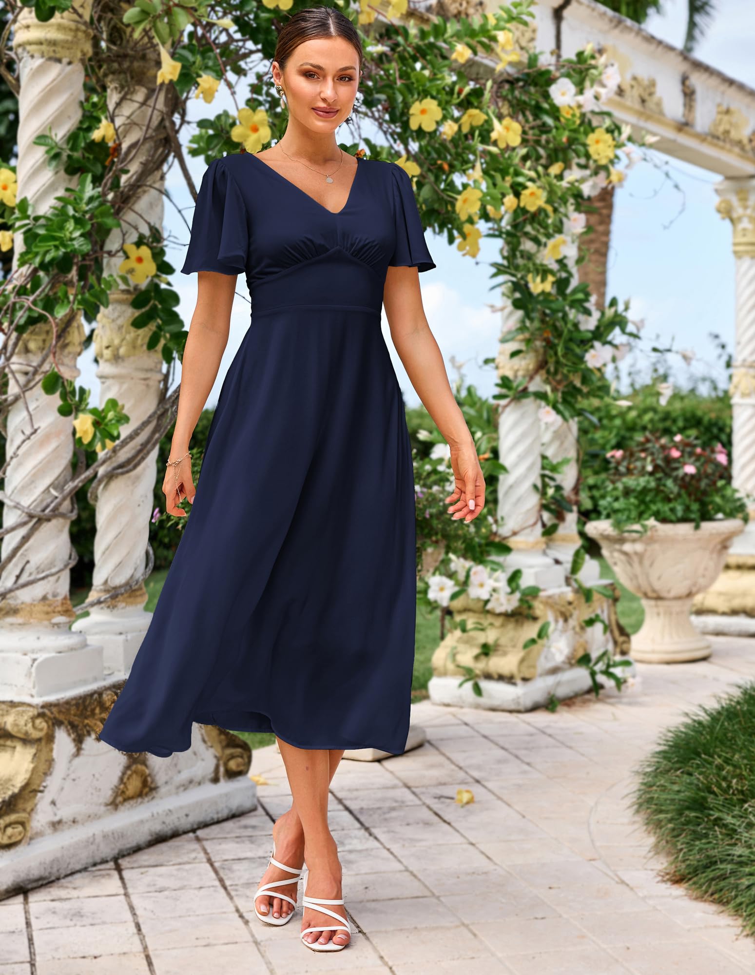 Grace Karin Damen Elegant Sommerkleid V-Ausschnitt Kurze Ärmel Rückenfreies Kleid mit Bindung Dunkelblau M – Bild 2