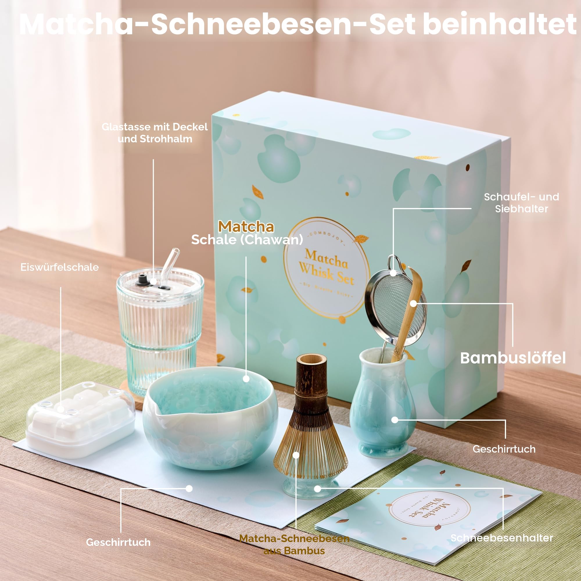 ComboJoy Matcha Set Blau - 9-teiliges Crystal Flower Matcha Schale, Bambusbesen & Halter, Matcha gläser, Eiswürfel form, Löffel & Sieb mit Halter, Teetuch - Geschenke für Frauen