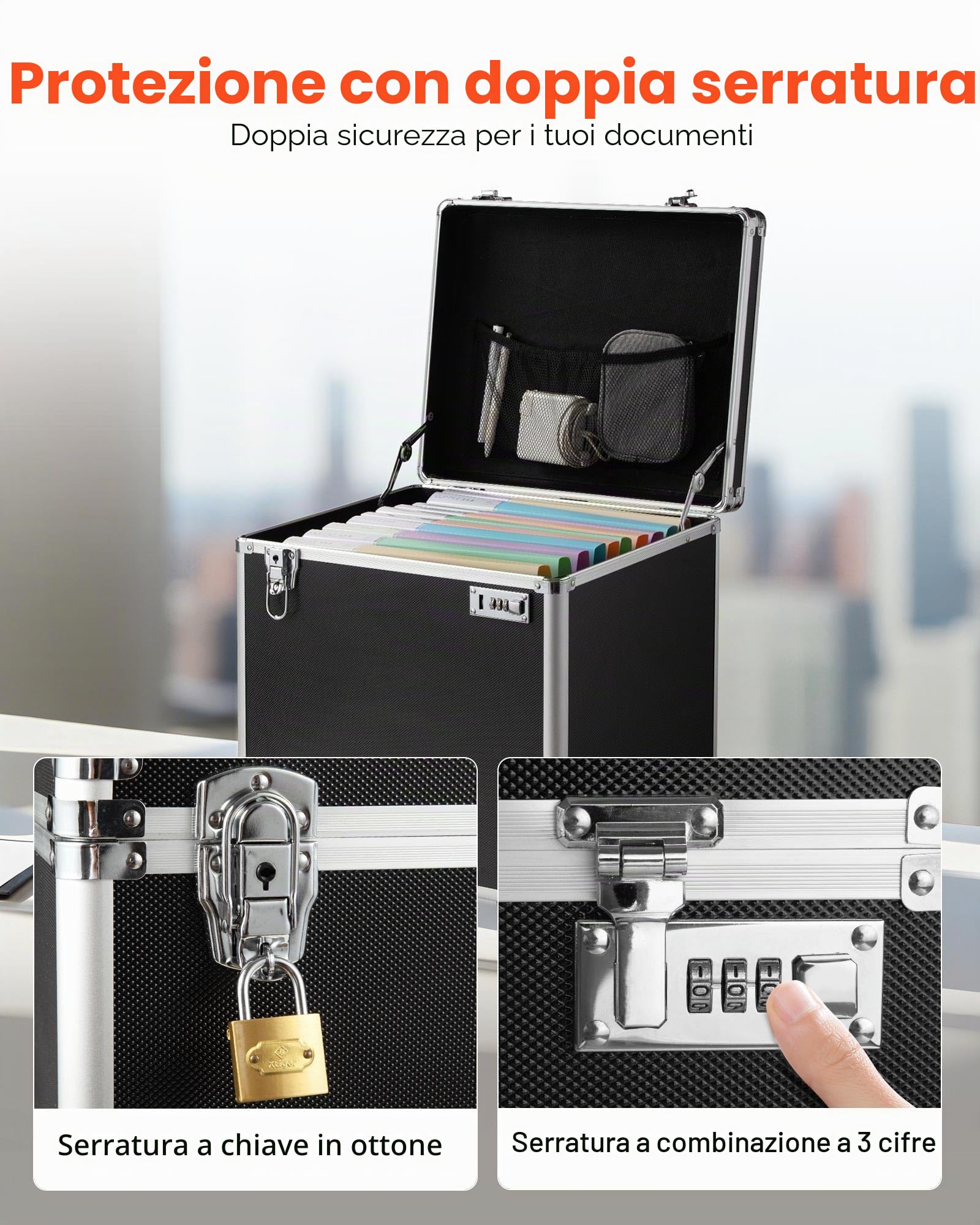 VEVOR Valigetta Portadocumenti con Ruote 39,6 x 32 x 38,1 cm Custodia Portadocumenti Portatile con Serratura Manico Telescopico, Scatola per Documenti per Ufficio, Viaggi di lavoro, Traslochi
