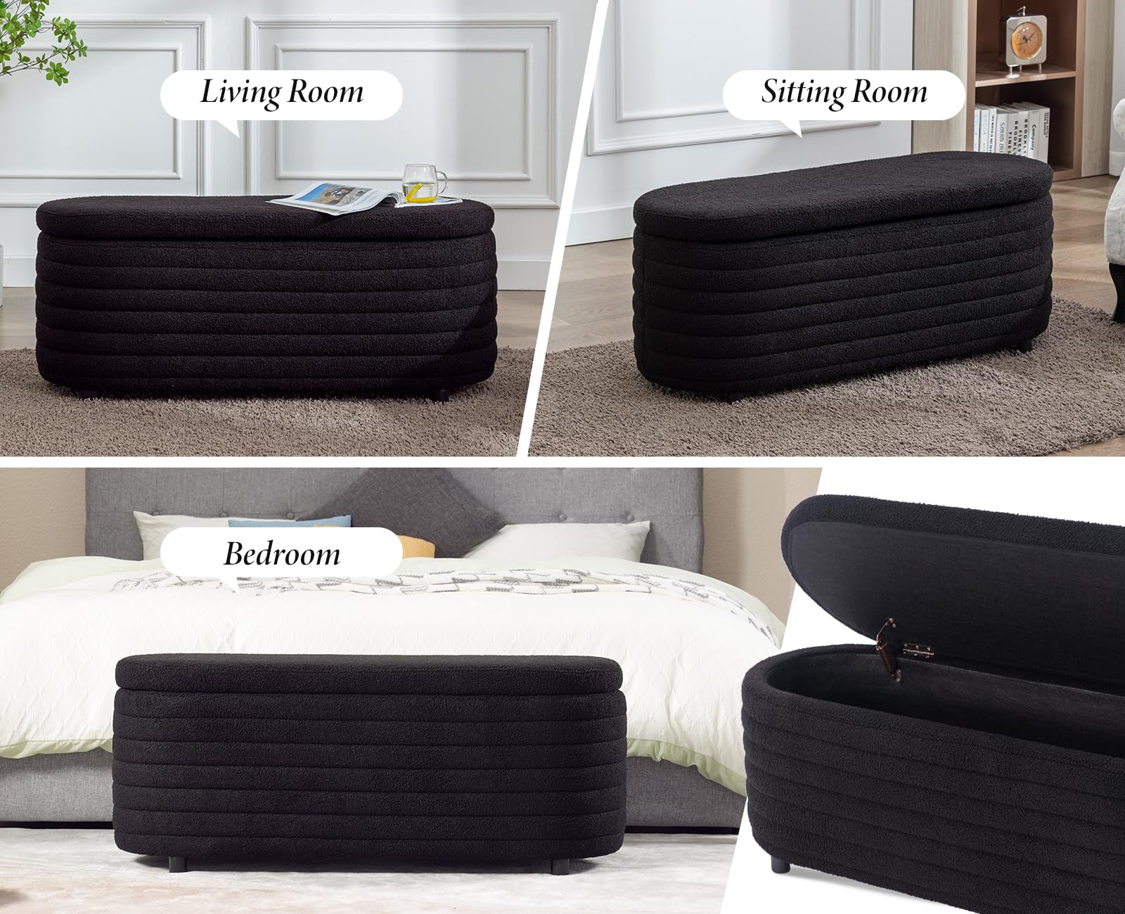 Ya-Home Banco con Almacenamiento de Piel Sintética Negro, Baúl Zapatero Multifuncional con Cojín Acolchado, Asiento para el Pie de la Cama, Recibidor, Salón – hasta 300 lbs de Carga, 115 cm