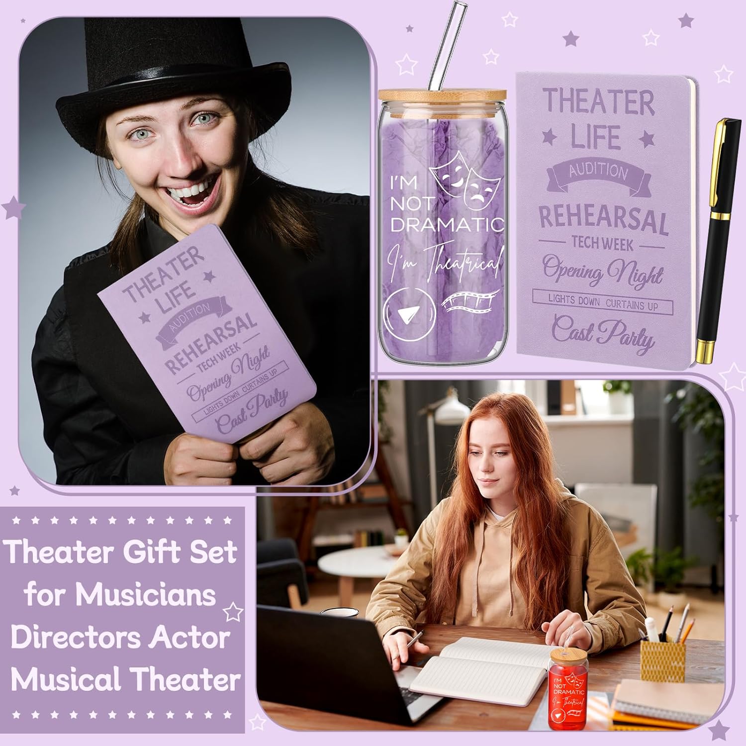 4 Pcs Theatre Gifts for Women Teens Theater Life 16oz Glass Cup Leather Notebook Ballpoint Pen Keychain Musical Broadway Graduation Gifts for Theatre Performers Directors Actors Drama Teacher(Purple) - Image 4