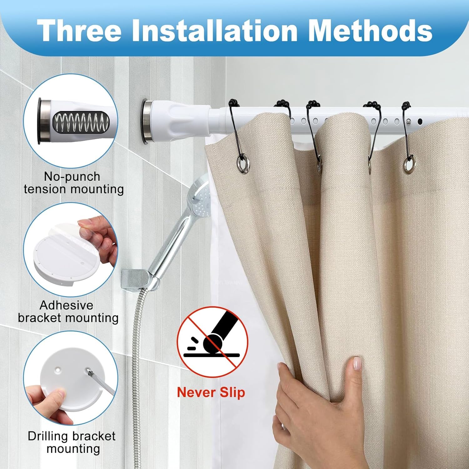 Tringle de Rideau de Douche Télescopique en Fer, 105-151 cm Barre Télescopique Extensible à Ressort Sans Perçage - avec Ventouse Fixe - pour Douche et Baignoire/Noir Mat