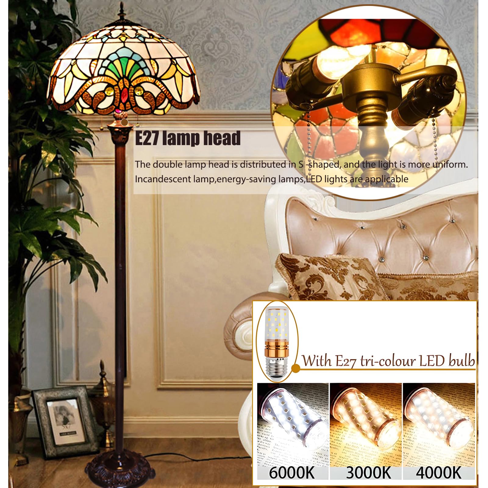 Piantana Lampada da Stelo Terra Soggiorno Stile Tiffany,Lampada Vintage Salotto Camera Da Letto Arredamento Casa,16" Paralumi in Vetro Macchiato,Alta 165 Cm Con 2 Lampadine Led E27(F-1)