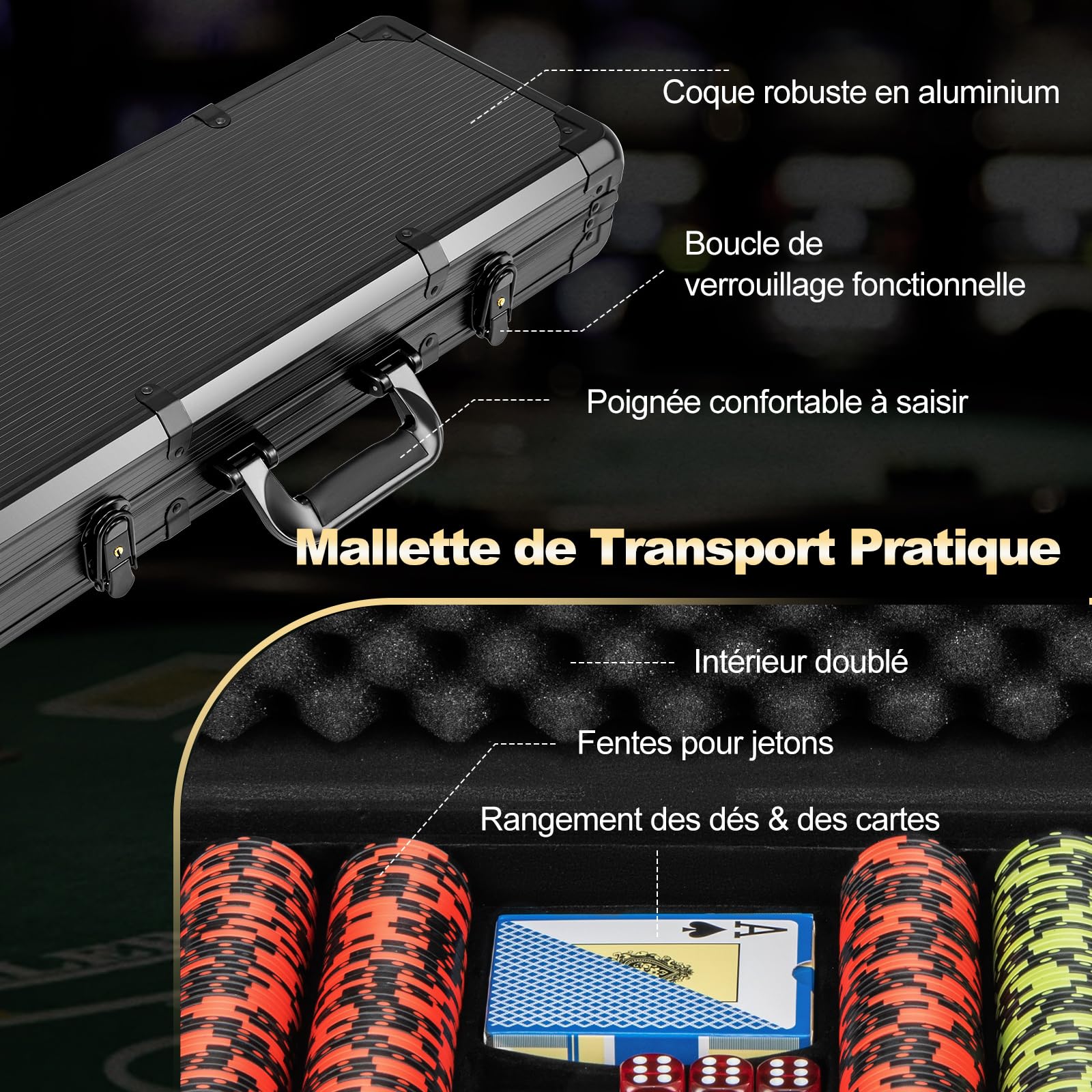 COSTWAY Mallette de Poker en Aluminium avec 500 Jetons & 2 Jeux de Cartes, Coffret de Poker avec 5 Dés et 3 Dealer, pour Casino Fête Voyages