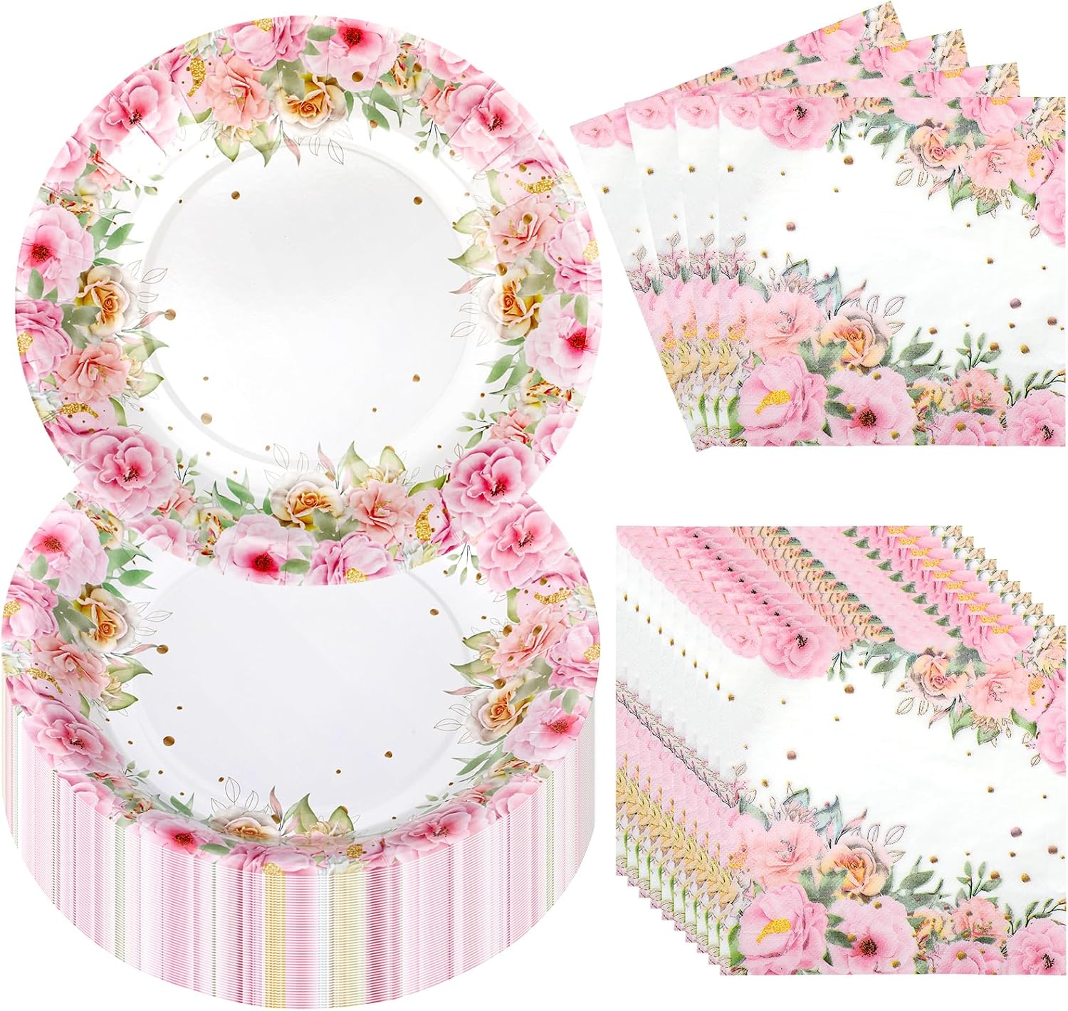 Umigy 100 Pcs Pink Floral Paper Plates and Napkins Set, Tea Party Disposable Tableware Party Supplies for Bridal, Baby Shower, Birthday, Mother's Day, Serves 50