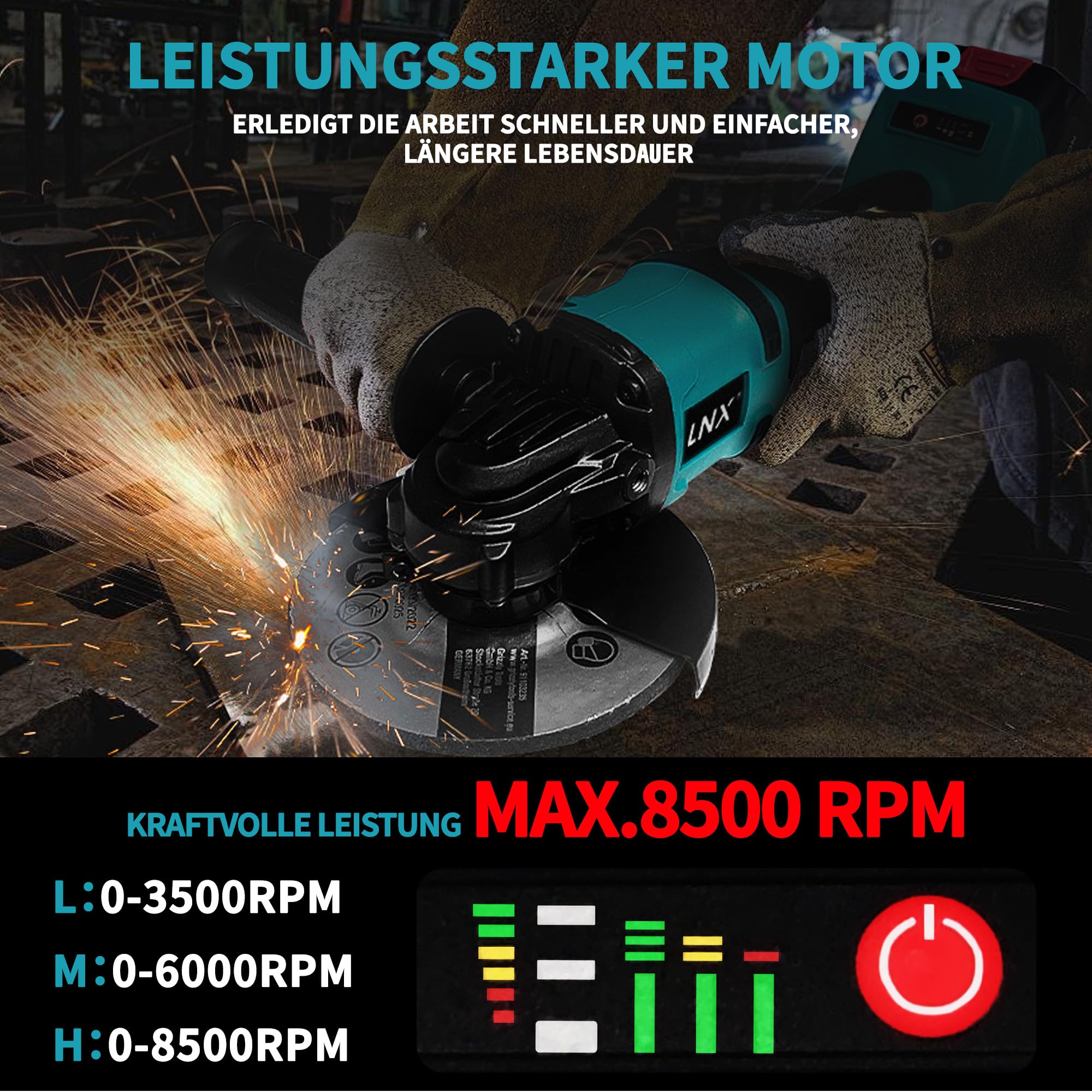 Akku-Winkelschleifer 125 mm, Akku Flex für Makita LXT-18V Akku, 8500U/min, 3 Geschwindigkeiten, Akku-Schleifer mit Rutschfester Griff, zum Schleifen, Schneiden und Polieren (Ohne Akku)