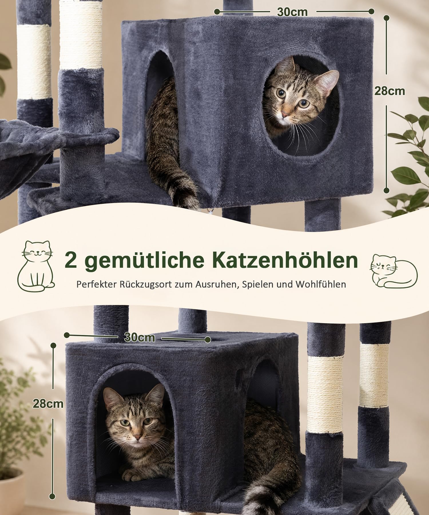 Albero per gatti, torre per gatti di grandi dimensioni, 213 cm, torre per gatti di grandi dimensioni, torre per gatti da interni, con 11 pali tiragraffi in sisal, 2 spaziosi condomini, amaca