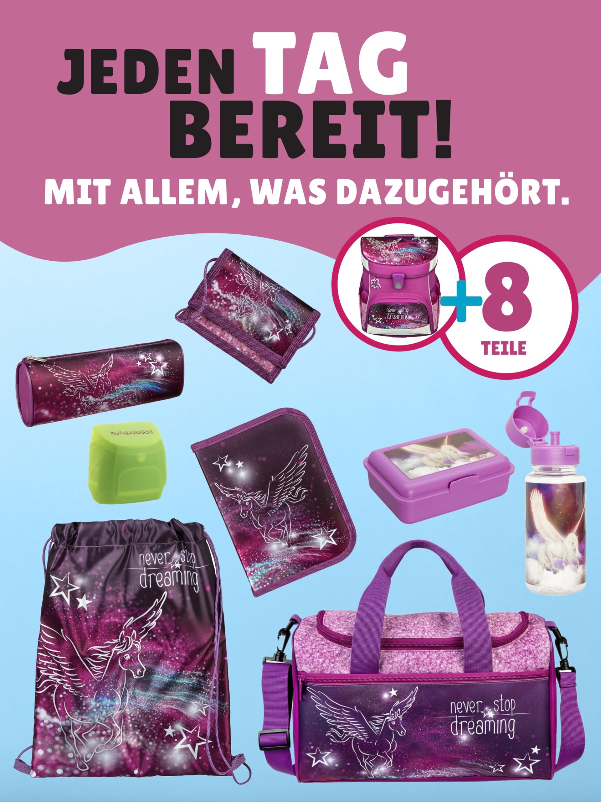 Familando - Scooli Campus Fit Schulranzen Set - 9-teilig mit Sporttasche - Pegasus Violett - Ergonomisch, Stabil & 980g leicht - 18L Volumen - Brustgurt & Reflektoren - Für Grundschule ab 1. Klasse