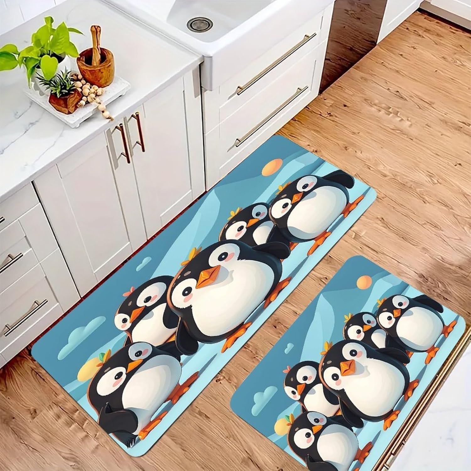 Cute Penguins Kitchen Mats for Floor 2PCS Waterproof Non-Slip Kitchen Rugs Cushioned Anti-Fatigue Mat Heavy Duty Floor Mats Comfort Standing Mat for Kitchen Home Office Laundry image 2