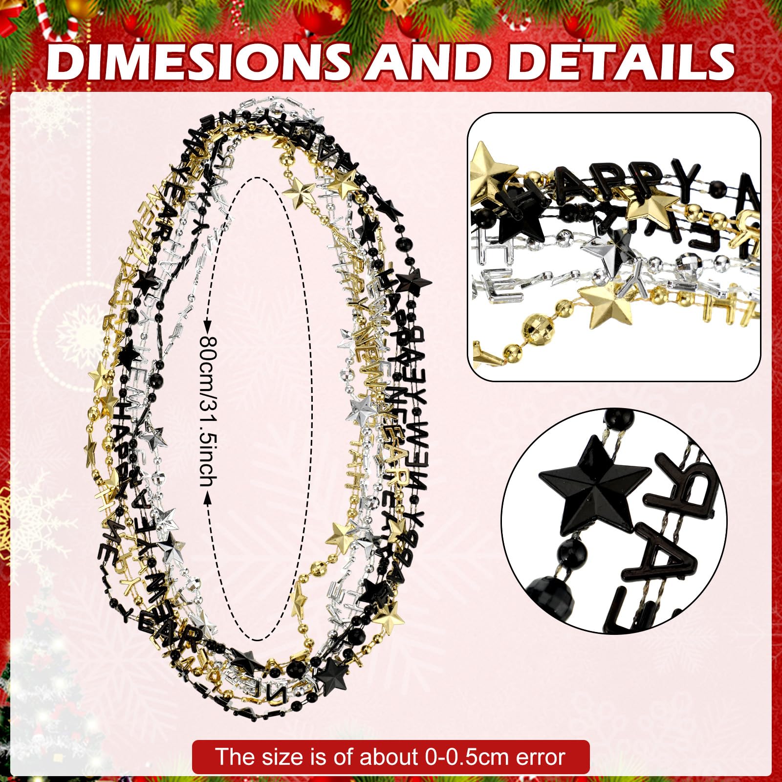 Bucherry 72 Pcs Happy New Year Necklaces New Year's Eve Necklaces 2025 Gold Black Silver Plastic Metallic Beaded Necklaces Accessories for 2025 Holiday Party Costume Decorations(Star)