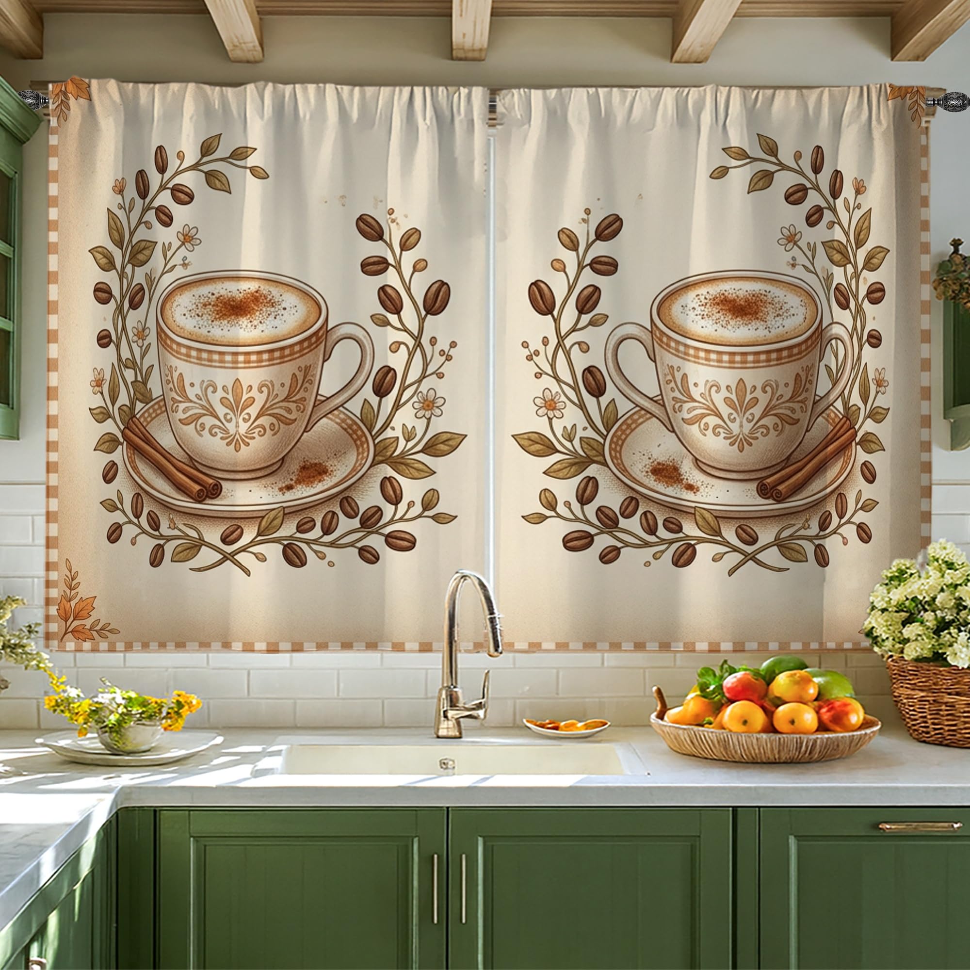 Rideau brise-vue cuisine crème occultant léger motif traditionnel tasse de thé