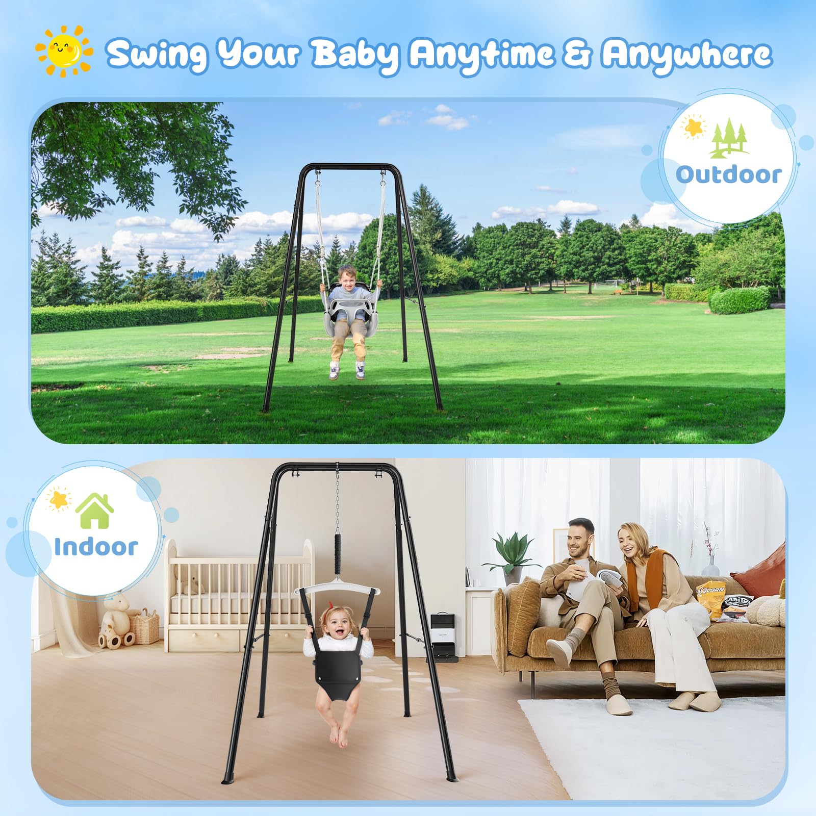 Babyschaukel wächst mit Ihrem Kind, 4-in-1 Kinderschaukel-Set, für Kinder von 18 Monaten bis 6 Jahren und älter, Faltbare Garten-Kinderschaukel, Indoor und Outdoor (Schwarz)