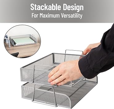 Mind Reader Stackable Paper Tray, Desktop Organizer, File Storage, Office, Metal Mesh, 2 Pcs., Silver