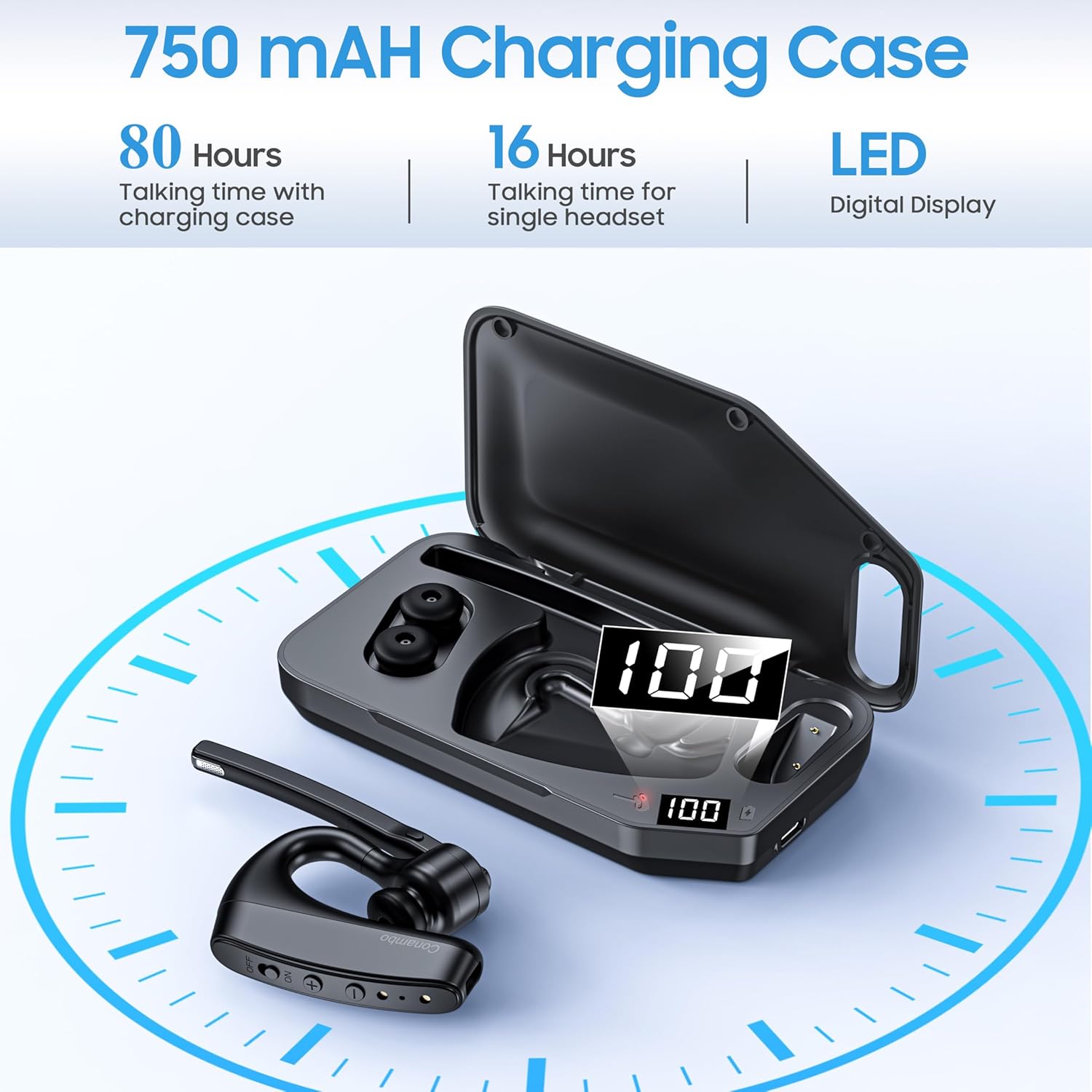 Conambo Bluetooth Headset V5.2 Wireless Bluetooth Earpiece with 750mAH Charging Case 80Hrs Talktime Wireless Headset with CVC8.0 Dual Mic Noise Canceling for iPhone Cellphone Trucker Work - Image 2