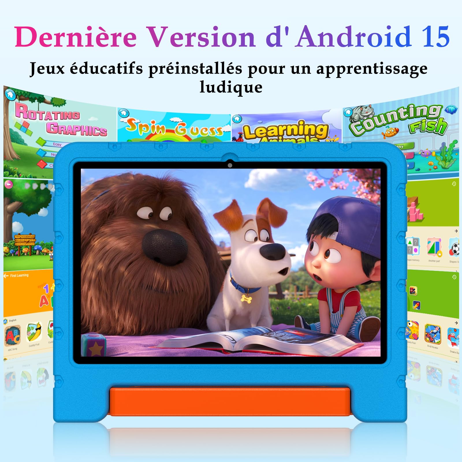 ZIOVO Tablette Enfants Android 15 Tablette 10 Pouces, 30Go RAM + 64Go ROM (TF 2To), Gemini AI, 5G WiFi/Octa-Core/Widevine L1/Face ID/Contrôle Parental/6000 mAh/BT 5.0, Tablette avec étui EVA - Bleu