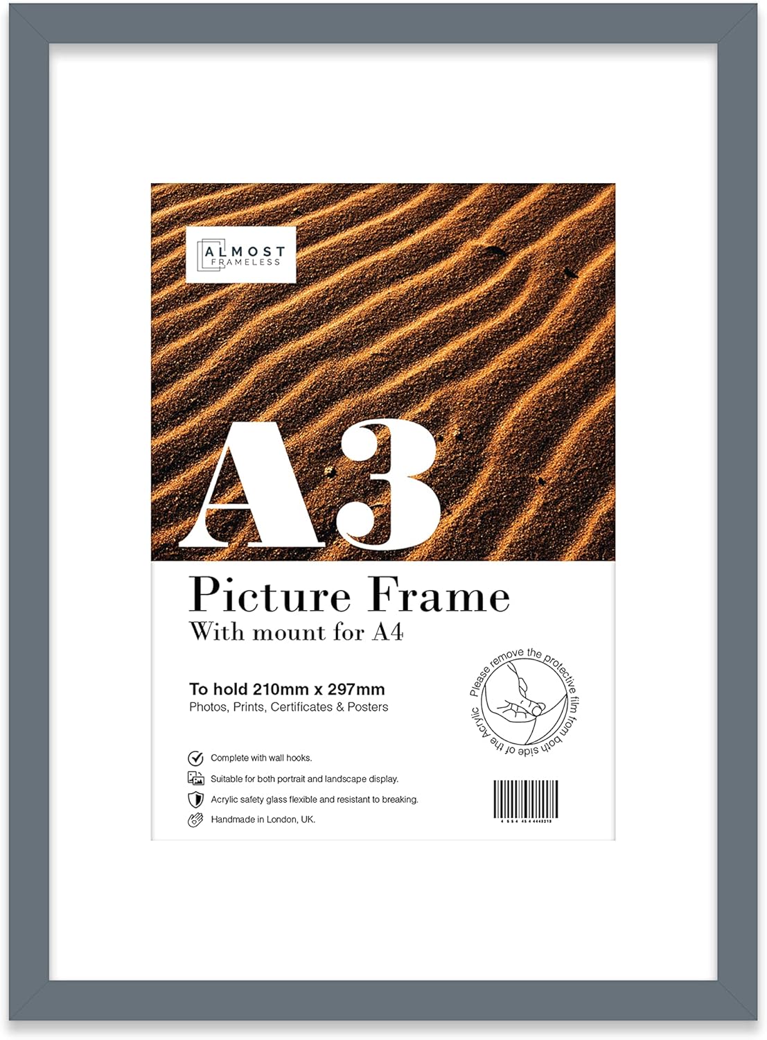 A3 Grey Picture Frame With White Mount for A4 (21 x 29.7cm 8.3 x 11