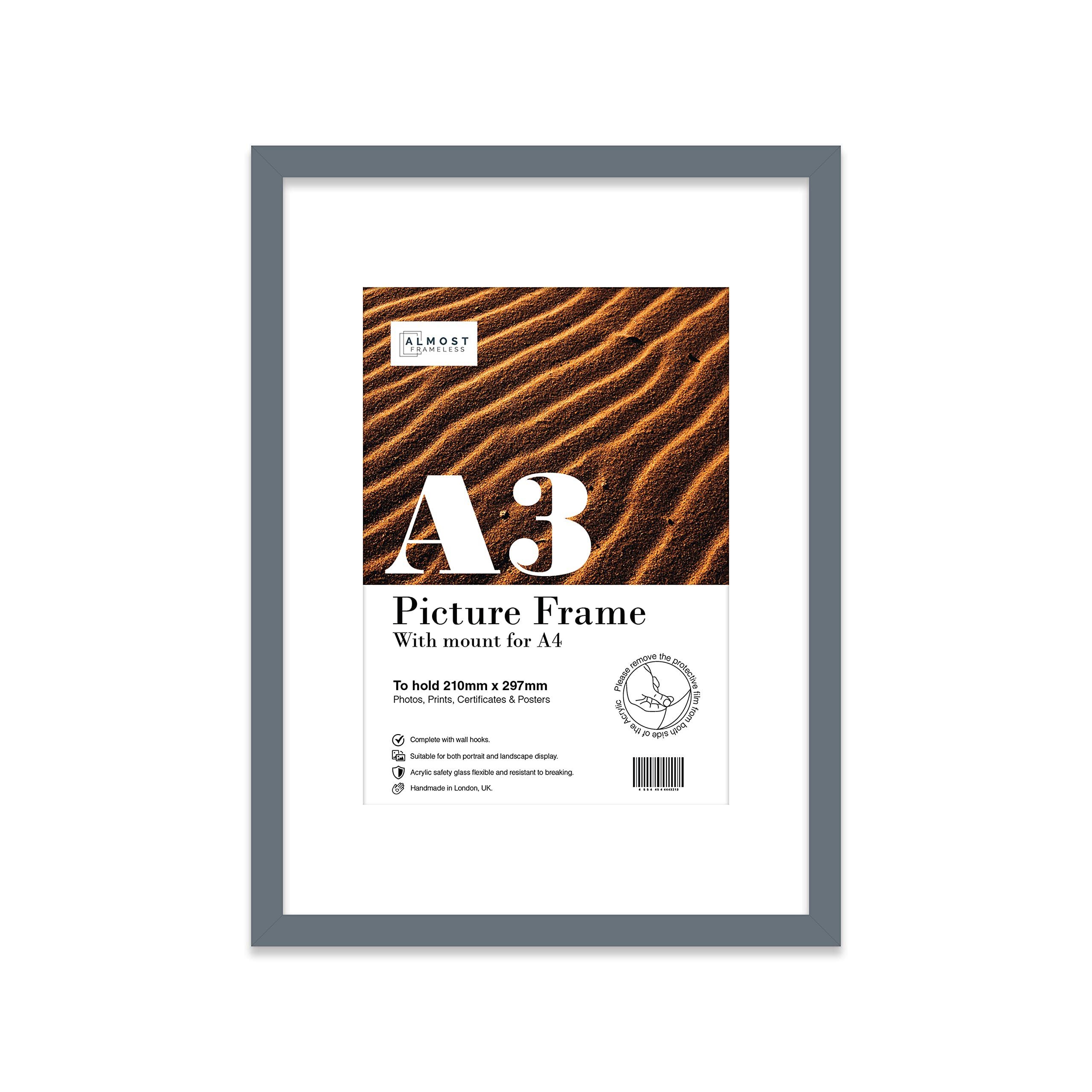 Almost Frameless A3 Grey Picture Frame With White Mount for A4 (21 x 29.7cm -8.3 x 11.7in) Print, Photo, or Poster. Portrait and Horizontal Wall Hooks