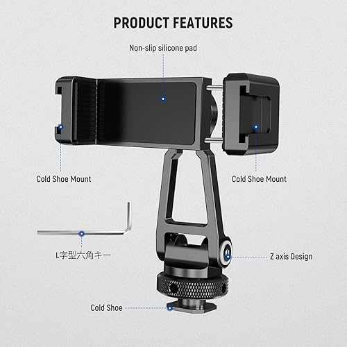 Miniatura 7 de NEEWER Adaptador de soporte de trípode de metal para teléfono con base de zapata fría, soporte de teléfono de 360 con 2 soportes de zapata fría para