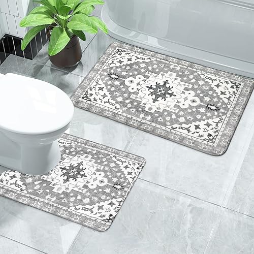 Miniatura 6 de Uphome Juego de 2 alfombras de baño bohemias vintage, antideslizantes, suaves, con contorno en forma de U, lavables a máquina, alfombras de baño