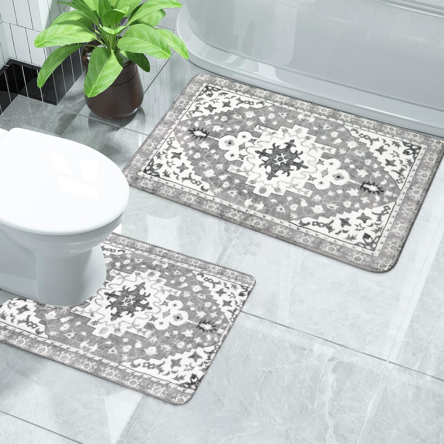 FYSUIMU Boho U-Shaped Bathroom Rug - Abstract Tufted Toilet Mat, Non-Slip & Washable (20"x24")