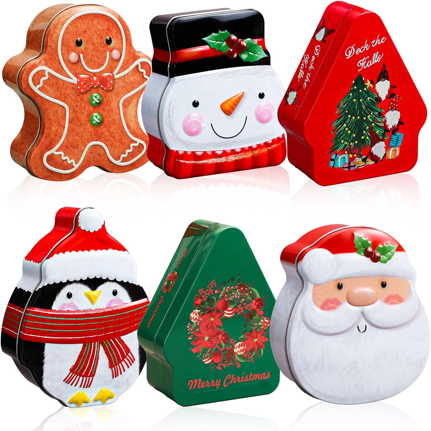 Whaline 6 Pcs Christmas Cookie Tins with Lids Xmas Cartoon Metal Treat Tin Box Santa Snowman Penguin Gingerbread Tree Tins Card Holder Containers for Holiday Party Supplies