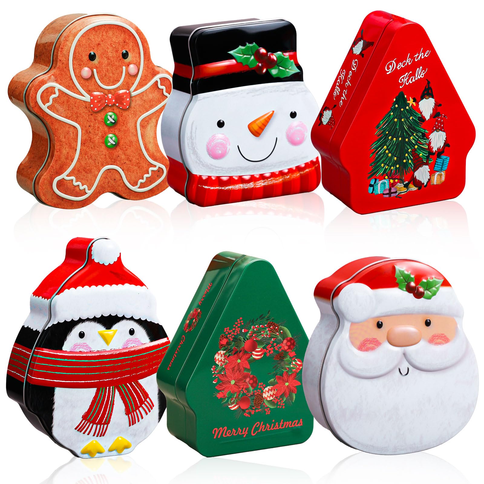 Whaline 6 Pcs Christmas Cookie Tins with Lids Xmas Cartoon Metal Treat Tin Box Santa Snowman Penguin Gingerbread Tree Tins Card Holder Containers for Holiday Party Supplies