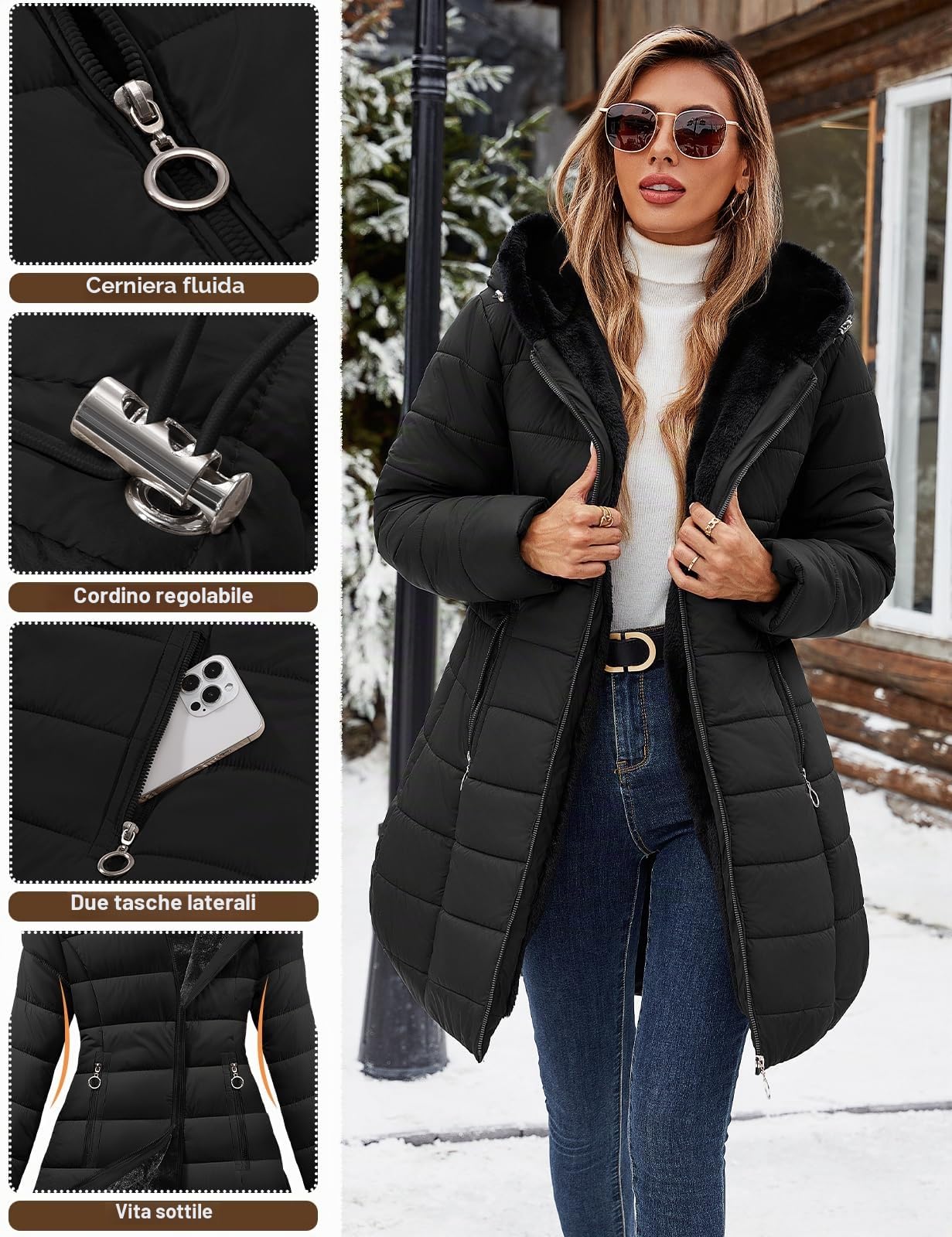 Yuson Girl Giubbotto Donna Invernale Parka Caldo Giacca con Cappuccio Imbottito Cappotto Ispessito Giacche Media Lugghezza Giacche Antivento Impermeabile Giaccone con Zip Tasche
