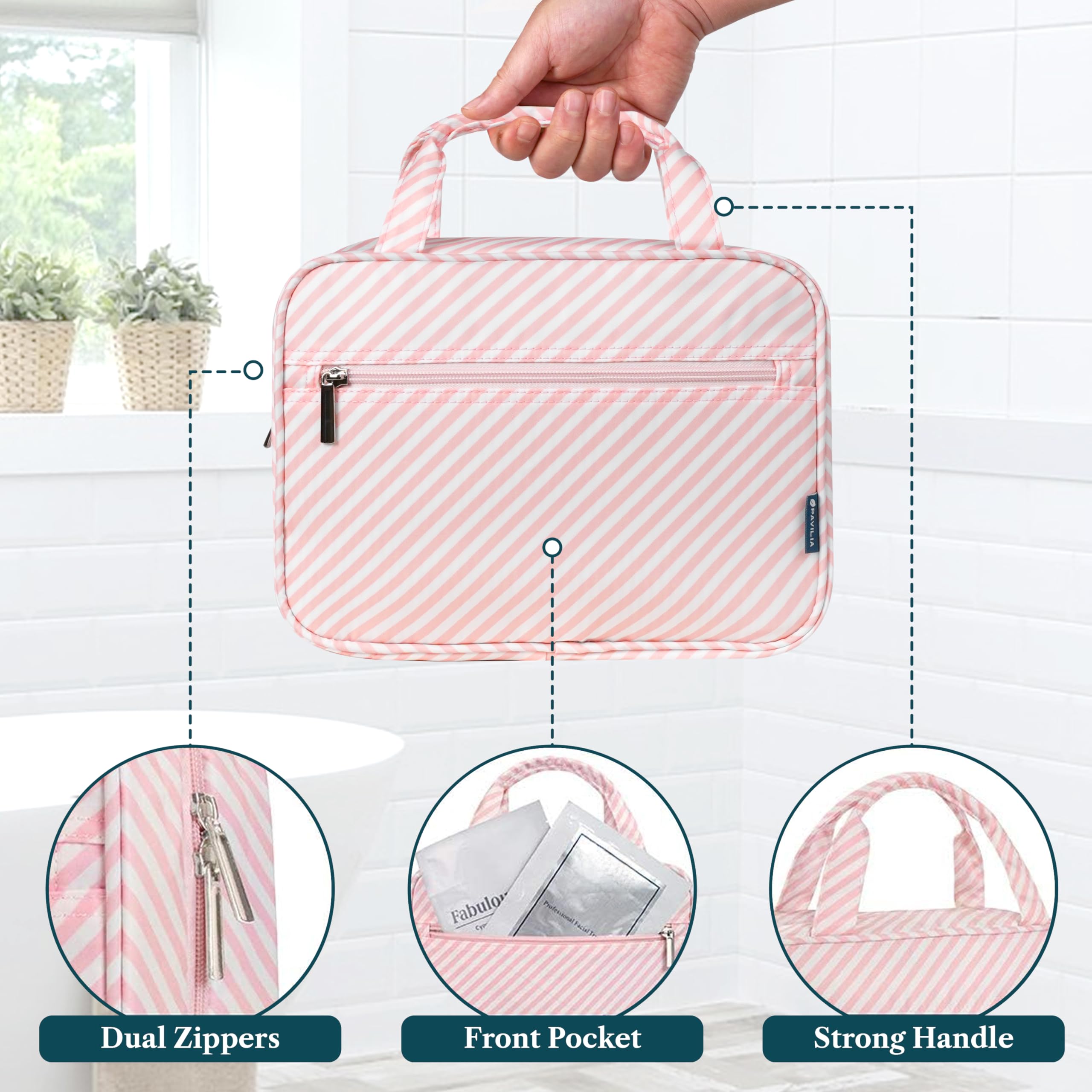 PAVILIA Neceser colgante de viaje para mujeres y hombres, organizador de cosméticos plegable, resistente al agua, accesorios de tocador, kit de artículos de tocador grande, Raya rosa, Talla única