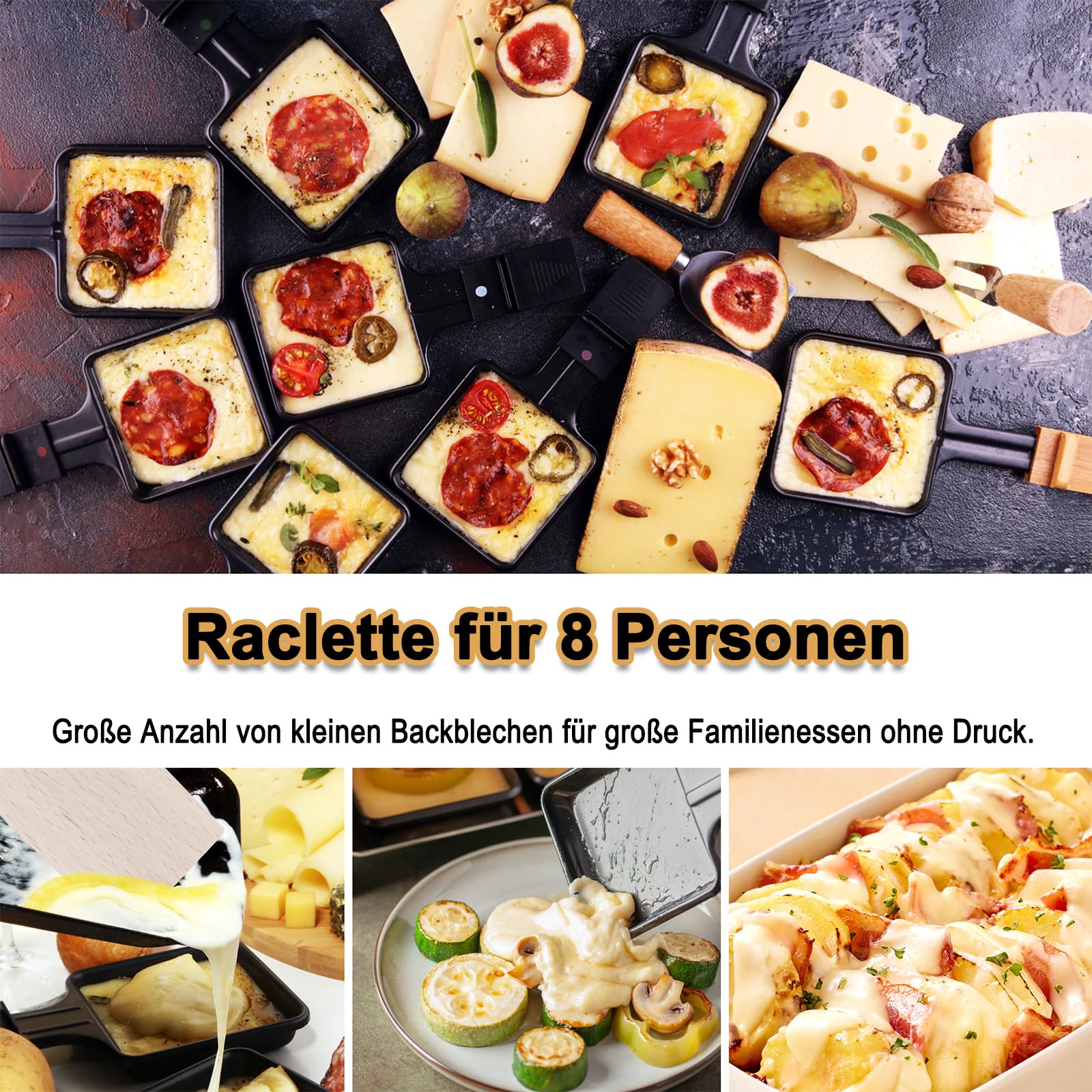 Raclette Grill Piastra elettrica 1400 W con pietra naturale antiaderente piastra 8 padelle e spatola di legno termostato continuo