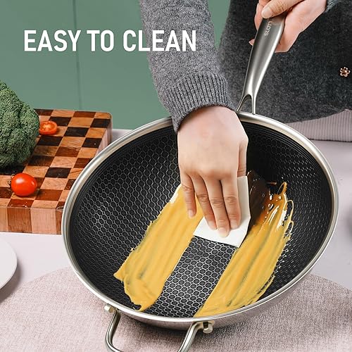 Miniatura 4 de Wok híbrido de 12 pulgadas con tapa, woks antiadherentes de acero inoxidable y sartenes para freír, mango que se mantiene fresco, utensilios de