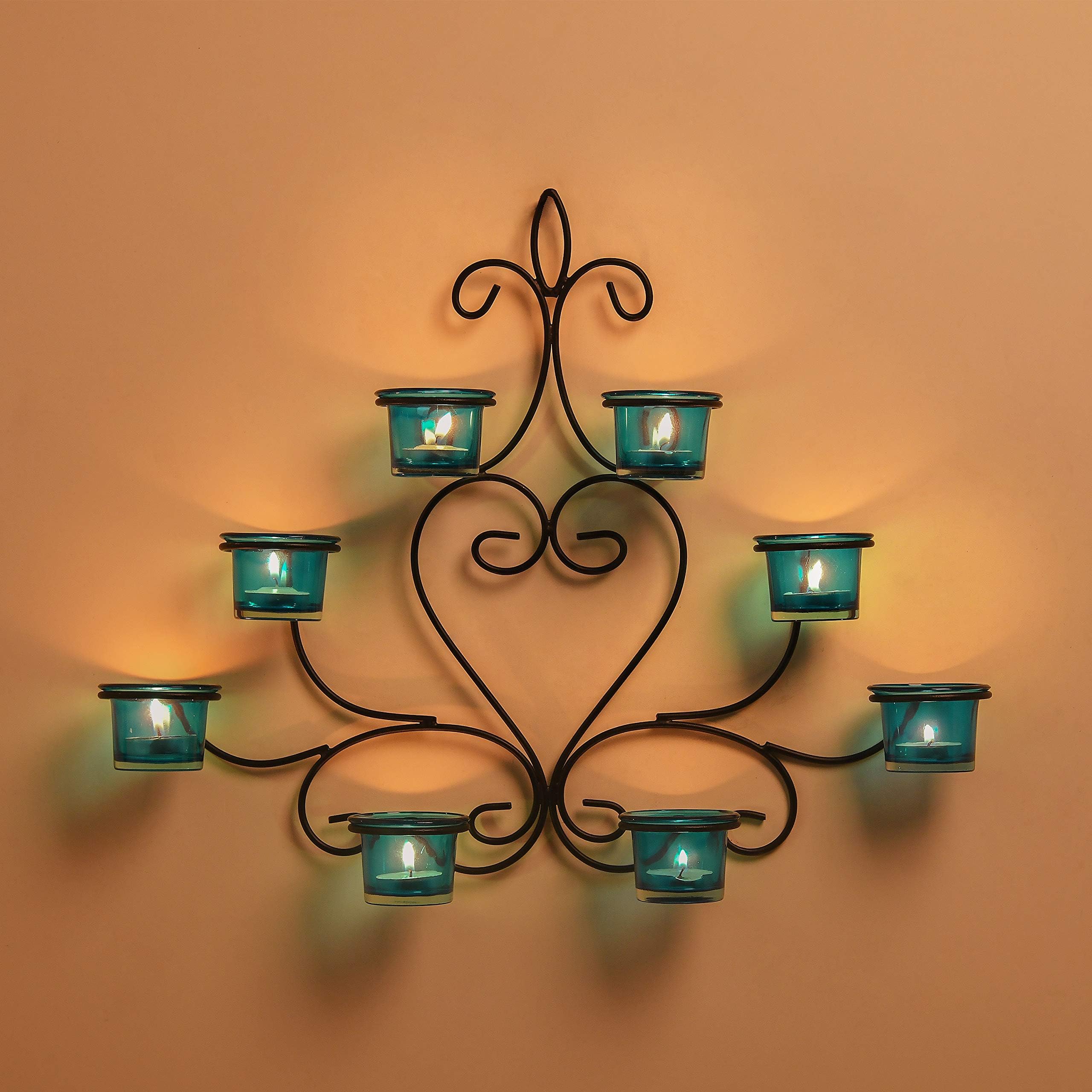 Homesake® 8-Votive Chic Black Iron Wall Sconce Candle Holder, Blue Candle Wall Art (Turquouise)